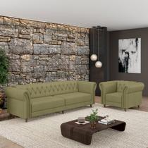 Conjunto Sala de Estar 1 Sofá Living 260cm e 1 Poltrona Stanford Chesterfield Pés Madeira Couro Fendi G58 - Gran Belo