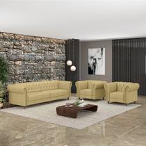 Conjunto Sala de Estar 1 Sofá Living 260cm e 2 Poltronas Stanford Chesterfield Pés Madeira Couro Bege G58 - Gran Belo Conjunto Sala de Estar 1 Sofá Living 260cm e 2 Poltronas Stanford Chesterfield Pés Madeira Couro Bege G58 - Gran Belo