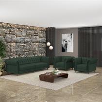 Conjunto Sala de Estar 1 Sofá Living 260cm e 2 Poltronas Stanford Chesterfield Pés Madeira material sintético G58 - Gran Belo