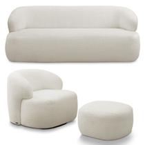 Conjunto Sala de Estar Decorativo Charlote 1 Poltrona Namoradeira 150cm 1 Poltrona Base Giratória em Aço com Puff Bouclê Off White G88 - Gran Belo Conjunto Sala de Estar Decorativo Charlote 1 Poltrona Namoradeira 150cm 1 Poltrona Base Giratória em Aço com Puff Bouclê Off White G88 - Gran Belo