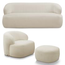 Conjunto Sala de Estar Decorativo Charlote 1 Sofá 180cm 2 Lugares 1 Poltrona Base Fixa com Puff Bouclê Bege G88 - Gran Belo Conjunto Sala de Estar Decorativo Charlote 1 Sofá 180cm 2 Lugares 1 Poltrona Base Fixa com Puff Bouclê Bege G88 - Gran Belo