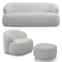 Conjunto Sala de Estar Decorativo Charlote 1 Sofá 180cm 2 Lugares 1 Poltrona Base Fixa com Puff Bouclê Cinza G88 - Gran Belo Conjunto Sala de Estar Decorativo Charlote 1 Sofá 180cm 2 Lugares 1 Poltrona Base Fixa com Puff Bouclê Cinza G88 - Gran Belo