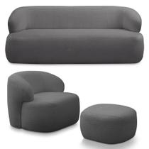 Conjunto Sala de Estar Decorativo Charlote 1 Sofá 180cm 2 Lugares 1 Poltrona Base Fixa com Puff Bouclê Grafite G88 - Gran Belo Conjunto Sala de Estar Decorativo Charlote 1 Sofá 180cm 2 Lugares 1 Poltrona Base Fixa com Puff Bouclê Grafite G88 - Gran Belo