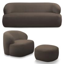 Conjunto Sala de Estar Decorativo Charlote 1 Sofá 180cm 2 Lugares 1 Poltrona Base Fixa com Puff Bouclê Marrom G88 - Gran Belo