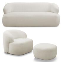 Conjunto Sala de Estar Decorativo Charlote 1 Sofá 180cm 2 Lugares 1 Poltrona Base Fixa com Puff Bouclê Off White G88 - Gran Belo