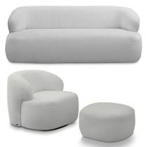 Conjunto Sala de Estar Decorativo Charlote 1 Sofá 180cm 2 Lugares 1 Poltrona Base Giratória em Aço com Puff Bouclê Cinza G88 - Gran Belo Conjunto Sala de Estar Decorativo Charlote 1 Sofá 180cm 2 Lugares 1 Poltrona Base Giratória em Aço com Puff Bouclê Cinza G88 - Gran Belo