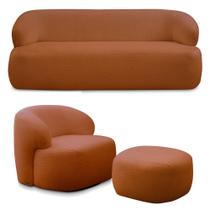 Conjunto Sala de Estar Decorativo Charlote 1 Sofá 180cm 2 Lugares 1 Poltrona Base Giratória em Aço com Puff Bouclê Terracota G88 - Gran Belo Conjunto Sala de Estar Decorativo Charlote 1 Sofá 180cm 2 Lugares 1 Poltrona Base Giratória em Aço com Puff Bouclê Terracota G88 - Gran Belo