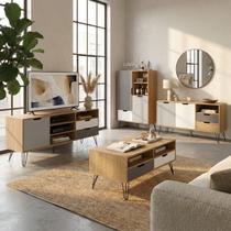 Conjunto Sala de Estar Estocolmo Rack Tv 60" Polegadas Mesa de Centro Buffet e Bar Adega Carvalho/Grafite/Branco/Prata