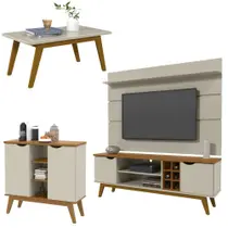 Conjunto Sala de Estar Prism Patrimar Rack com Painel 1.8 + Buffet + Mesa de Centro Off White com Cumarú