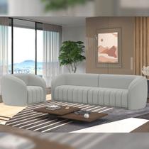 Conjunto Sala de Estar Sofá 332cm 4 Lugares e Poltrona Adam Veludo Cinza Claro G45 - Gran Belo