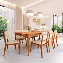 Conjunto Sala de Jantar 1 Mesa 210cm 8 Cadeiras Estofadas Miriti CabeCasa MadeiraOriginals Marrom/Caramelo/Creme