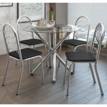 Conjunto Sala de Jantar 1 Mesa Tampo de Vidro Redondo Volga 4 Cadeiras Holanda Crome Preto Conjunto Sala de Jantar 1 Mesa Tampo de Vidro Redondo Volga 4 Cadeiras Holanda Crome Preto