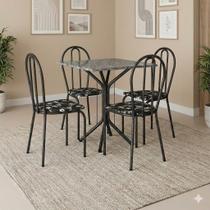 Conjunto Sala de Jantar 1 Mesa Tampo Granito Quadrado 4 Cadeiras Thais Preto/Cromo/Flor