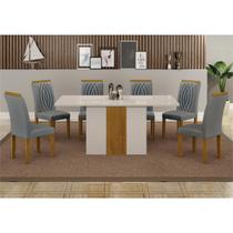 Conjunto Sala de Jantar 160x90cm Tampo MDF/Vidro com 6 Cadeiras Doha Veludo Prata Bordado - Leifer