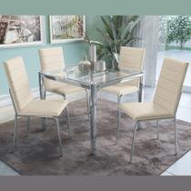 Conjunto Sala de Jantar 4 Cadeiras Mesa Tampo de Vidro Kappesberg Crome Cromado/Bege