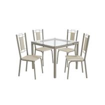 Conjunto Sala de Jantar 4 Cadeiras Mesa Tampo de Vidro Kappesberg Crome Níquel/Nude