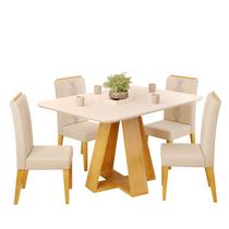 Conjunto Sala de Jantar 4 Cadeiras Tampo Chanfrado Retangular 120cm com Vidro Kiara Cedro Off White Yasmin Linho Neve - DJ Móveis