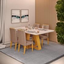 Conjunto Sala de Jantar 4 Cadeiras Tampo Curvo DJ Móveis Kiara Cedro Yasmin Veludo Kraft