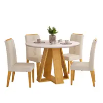 Conjunto Sala de Jantar 4 Cadeiras Tampo Redondo com Vidro Kiara Cedro Off White Yasmin Linho Neve - DJ Móveis