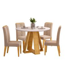 Conjunto Sala de Jantar 4 Cadeiras Tampo Redondo com Vidro Kiara Cedro Off White Yasmin Veludo Kraft - DJ Móveis