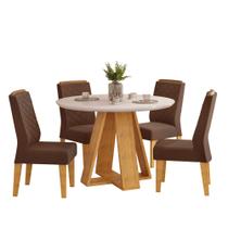 Conjunto Sala de Jantar 4 Cadeiras Tampo Redondo com Vidro Kiara Cedro Off White Yasmin Veludo Moca - DJ Móveis