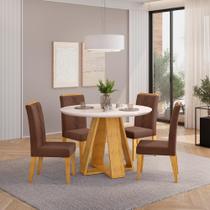 Conjunto Sala de Jantar 4 Cadeiras Tampo Redondo DJ Móveis Kiara Cedro Yasmin Veludo Moca