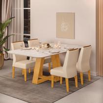 Conjunto Sala de Jantar 4 Cadeiras Tampo Sem Vidro 170x90 DJ Móveis Kiara Cedro Quartzo Lidia Linho Neve