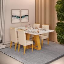 Conjunto Sala de Jantar 4 Cadeiras Tampo Sem Vidro 170x90 DJ Móveis Kiara Cedro Quartzo Yasmin Linho Neve Conjunto Sala de Jantar 4 Cadeiras Tampo Sem Vidro 170x90 DJ Móveis Kiara Cedro Quartzo Yasmin Linho Neve