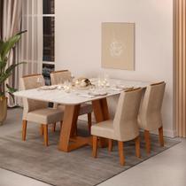 Conjunto Sala de Jantar 4 Cadeiras Tampo Sem Vidro 170x90 DJ Móveis Kiara Freijó Quartzo Lidia Veludo Kraft