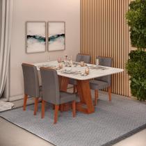 Conjunto Sala de Jantar 4 Cadeiras Tampo Sem Vidro 170x90 DJ Móveis Kiara Freijó Quartzo Yasmin Veludo Lunar