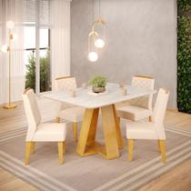 Conjunto Sala de Jantar 4 Cadeiras Tampo Sem Vidro DJ Móveis Kiara Cedro Quartzo Lidia Linho Neve