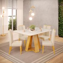 Conjunto Sala de Jantar 4 Cadeiras Tampo Sem Vidro DJ Móveis Kiara Cedro Quartzo Yasmin Linho Neve