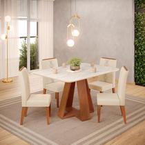 Conjunto Sala de Jantar 4 Cadeiras Tampo Sem Vidro DJ Móveis Kiara Freijó Quartzo Yasmin Linho Neve