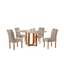 Conjunto Sala de Jantar 4 Lugares Beatriz Mesa e Cadeiras Madeira Maciça Tecido Linho Bege Areia