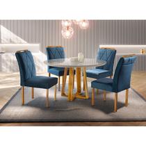 Conjunto Sala de Jantar 4 Lugares em Madeira Maciça Mesa Redonda 1,0m e 4 Cadeiras Azul Turquesa Escuro Moveis Mix