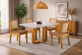 Conjunto Sala de Jantar 4 Lugares Espanha Mesa e Cadeiras Madeira Maciça Telinha Rattan e material sintético
