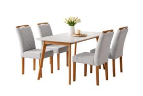 Conjunto Sala de Jantar 4 Lugares Hera Mesa e Cadeiras Madeira Maciça Tecido Linho Cinza Prata Tampo Com Vidro