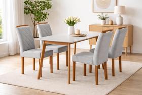 Conjunto Sala de Jantar 4 Lugares Hera Mesa e Cadeiras Madeira Maciça Tecido Linho Cinza Prata Tampo Com Vidro Conjunto Sala de Jantar 4 Lugares Hera Mesa e Cadeiras Madeira Maciça Tecido Linho Cinza Prata Tampo Com Vidro