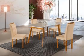 Conjunto Sala de Jantar 4 Lugares Lorena Mesa e Cadeiras Madeira Maciça e Tecido Veludo Bege