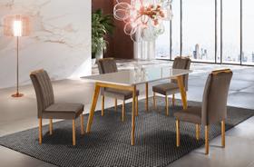 Conjunto Sala de Jantar 4 Lugares Lorena Mesa e Cadeiras Madeira Maciça e Tecido Veludo Marrom