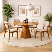 Conjunto Sala de Jantar 4 Lugares Marrocos Madeira Maciça Mesa Conne e Cadeiras Linho Creme Conjunto Sala de Jantar 4 Lugares Marrocos Madeira Maciça Mesa Conne e Cadeiras Linho Creme