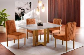 Conjunto Sala de Jantar 4 Lugares Mesa Madeira Maciça e Cadeiras Veludo Terracota - Super Mix