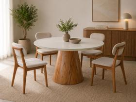 Conjunto Sala de Jantar 4 Lugares Mesa Redonda Conne Tampo Com Vidro e 4 Cadeiras Madeira Maciça Linho Creme