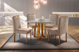 Conjunto Sala de Jantar 4 Lugares Natalle Mesa Redonda e Cadeiras Madeira Maciça Veludo Bege