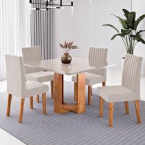 Conjunto Sala de Jantar 4 Lugares Quadrada Tampo de Vidro MDF Sophia Yescasa Bege/Mel/Off White