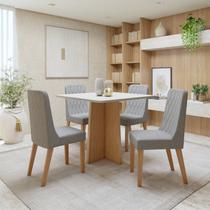 Conjunto Sala de Jantar 4 Lugares Quadrado Tampo MDF Mesa Celebrare com Cadeiras Luar Marrom/Amêndoa Clean/Off White/Linho Cinza
