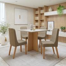 Conjunto Sala de Jantar 4 Lugares Quadrado Tampo Vidro/MDF Mesa Celebrare com Cadeiras Luar Marrom/Amêndoa Clean/Off White/Bege