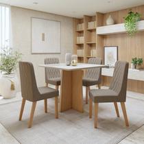 Conjunto Sala de Jantar 4 Lugares Quadrado Tampo Vidro/MDF Mesa Celebrare com Cadeiras Luar Marrom/Amendoa Clean/Off White/Suede Animale Bege