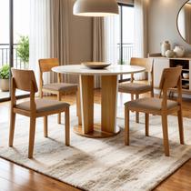 Conjunto Sala de Jantar 4 Lugares Redonda Tampo de Vidro 135cm Mesa e Cadeira Ana Marrom/Cinamomo/Off White/Bege