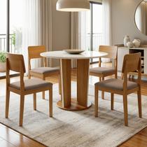 Conjunto Sala de Jantar 4 Lugares Redonda Tampo de Vidro 135cm Mesa e Cadeira Ana Marrom/Cinamomo/Off White/Linho Bege Conjunto Sala de Jantar 4 Lugares Redonda Tampo de Vidro 135cm Mesa e Cadeira Ana Marrom/Cinamomo/Off White/Linho Bege